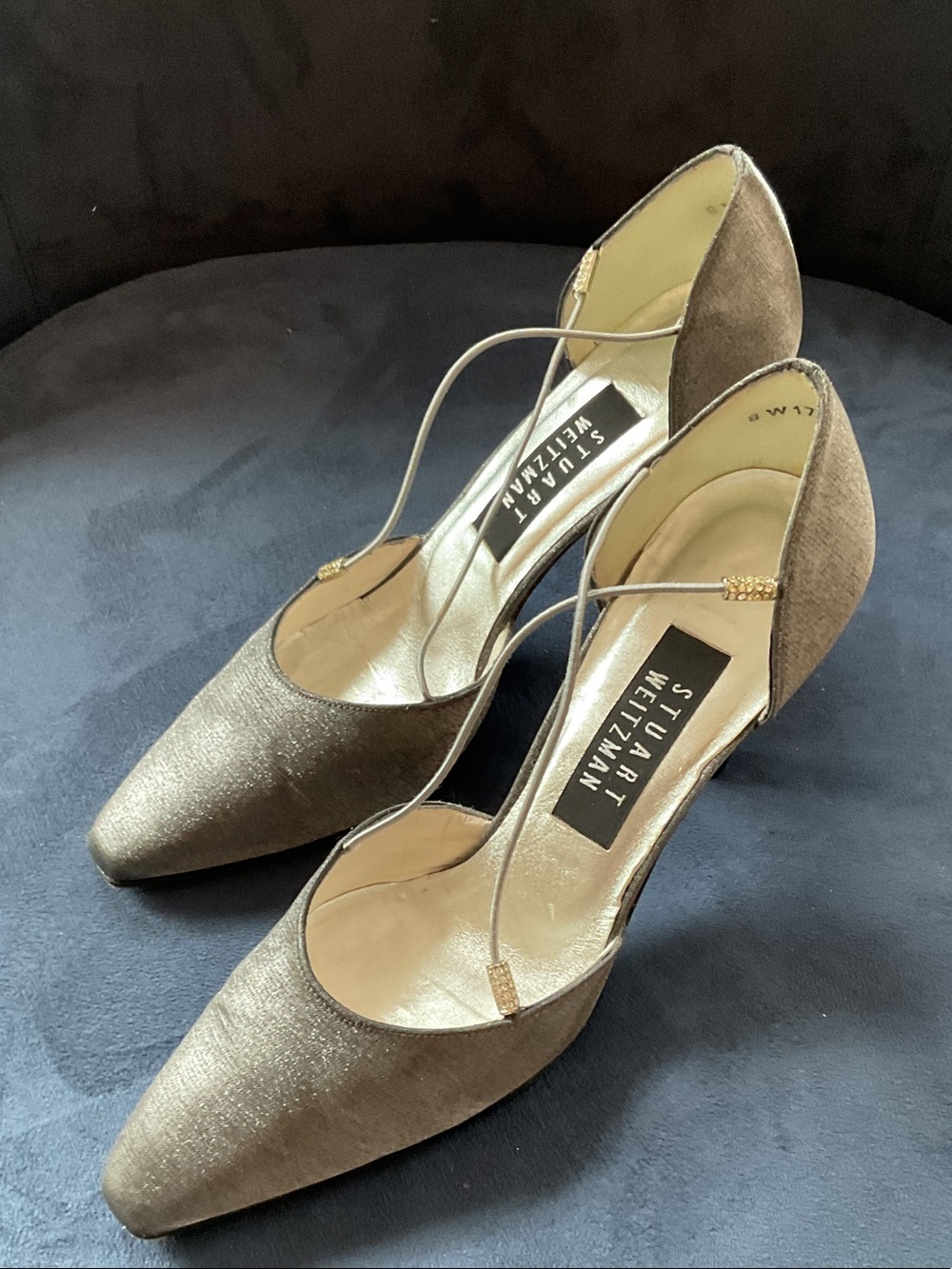 Stuart Weitzman Metallic Silver Pointed D'Orsay Pumps with Ankle Strap